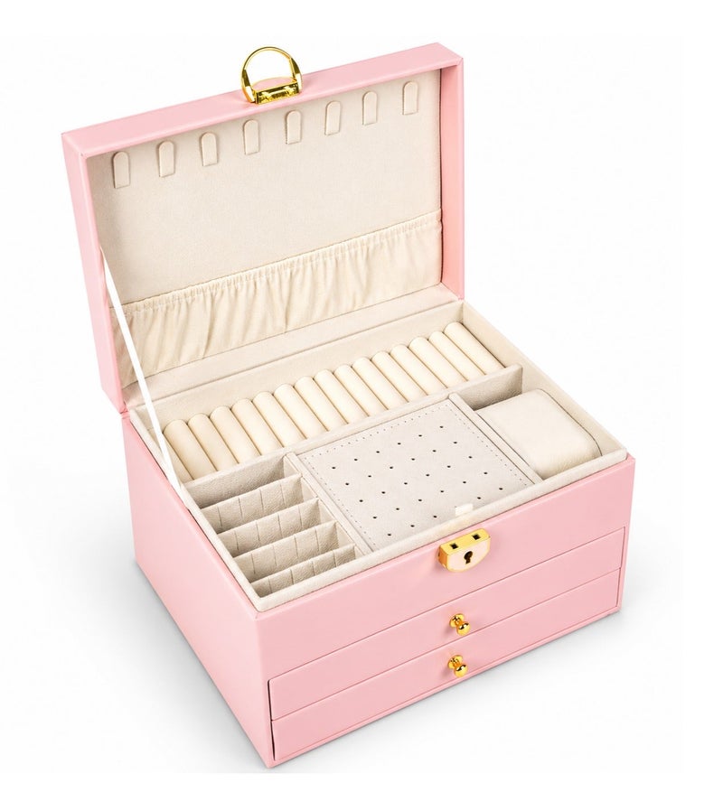 O2. Pink 3-Layer Velvet Jewelry Organizer Box with Drawers, Necklace Hooks and Ring Slots, Jewelry Storage Case for Earrings, Rings, Necklaces, Bracelets, Watches and Accessories for Women & Girls - Image 3