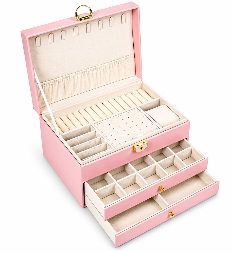 O2. Pink 3-Layer Velvet Jewelry Organizer Box with Drawers, Necklace Hooks and Ring Slots, Jewelry Storage Case for Earrings, Rings, Necklaces, Bracelets, Watches and Accessories for Women & Girls - Image 2