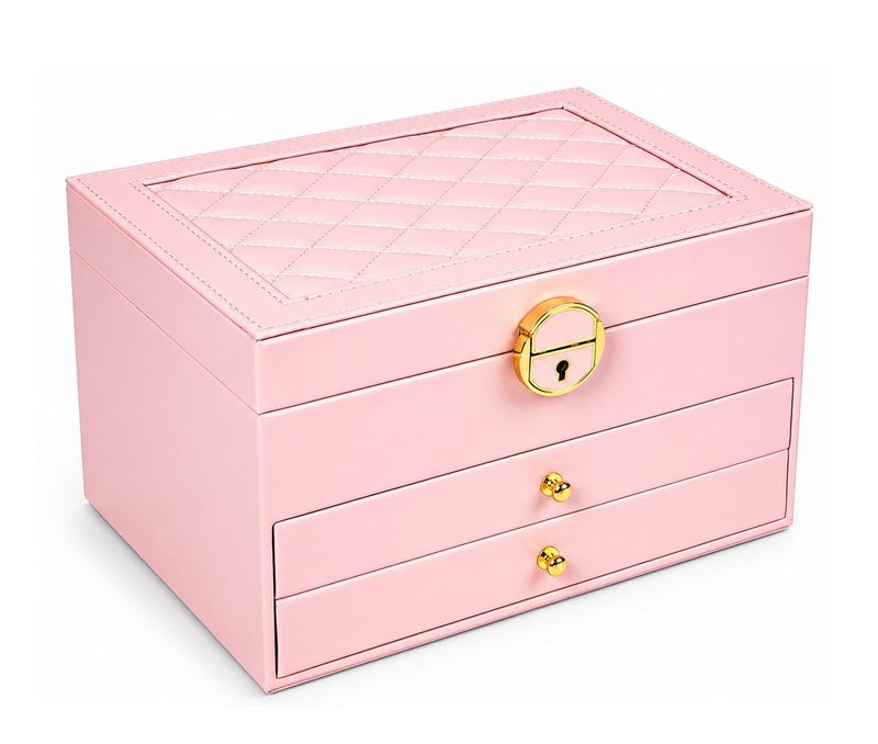 O2. Pink 3-Layer Velvet Jewelry Organizer Box with Drawers, Necklace Hooks and Ring Slots, Jewelry Storage Case for Earrings, Rings, Necklaces, Bracelets, Watches and Accessories for Women & Girls - Image 4