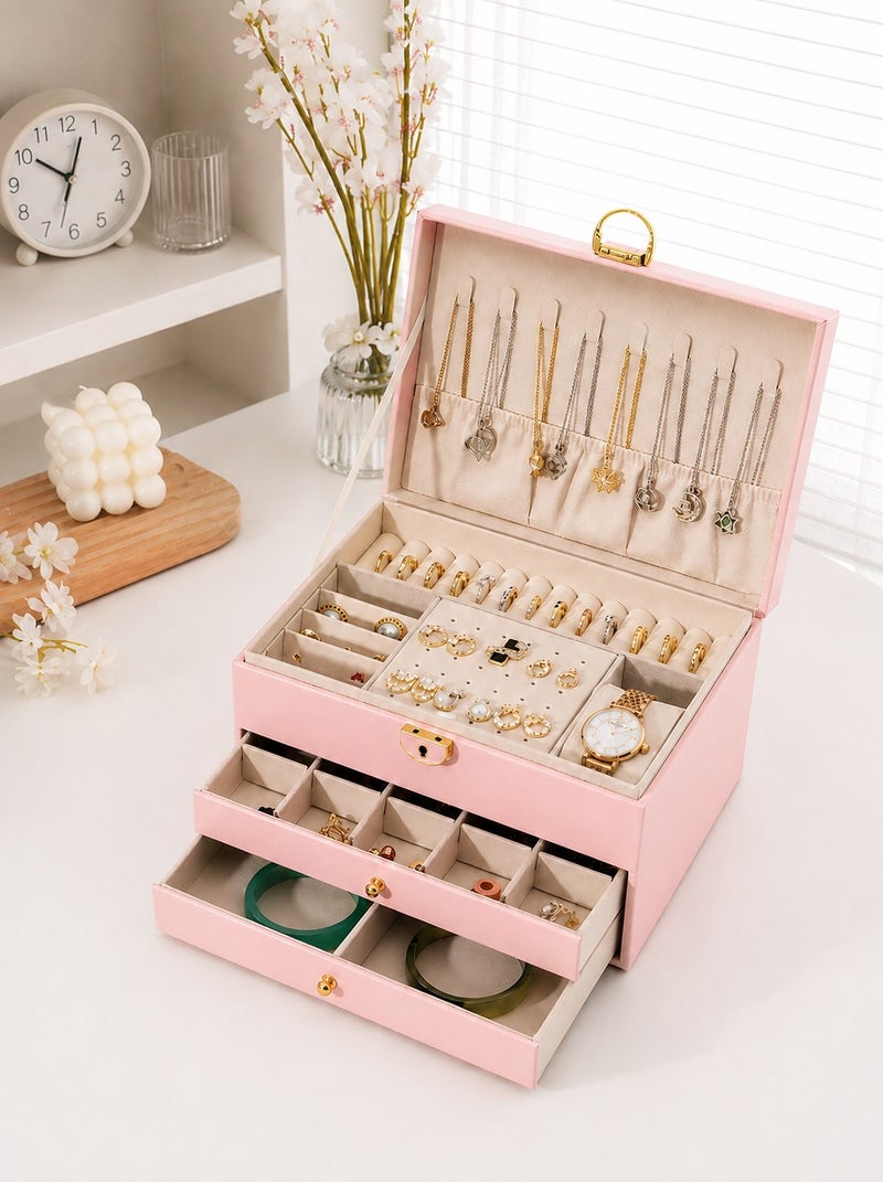 O2. Pink 3-Layer Velvet Jewelry Organizer Box with Drawers, Necklace Hooks and Ring Slots, Jewelry Storage Case for Earrings, Rings, Necklaces, Bracelets, Watches and Accessories for Women & Girls - Image 1