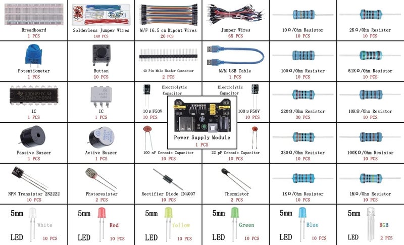 BOJACK 37 Values 480 Pcs Electronics Component Fun Kit with Power Supply Module, Jumper Wire,Precision Potentiometer,830 tie-Points Breadboard Compatible with STM32,Raspberry Pi,Arduino - Image 3