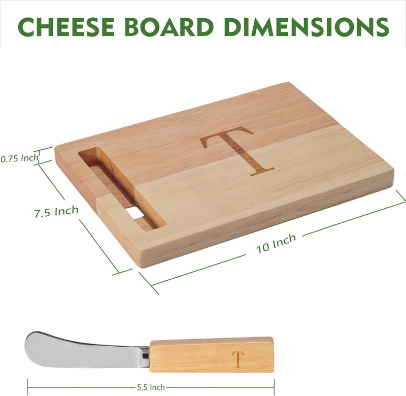 Miicol Wood Charcuterie Board, Monogram Cheese Board 10 Inch, Personalized Initial Cutting Board with Spreader, Unique Housewarming Gift, Ideal for Kitchen, Home, Letter T - Image 2