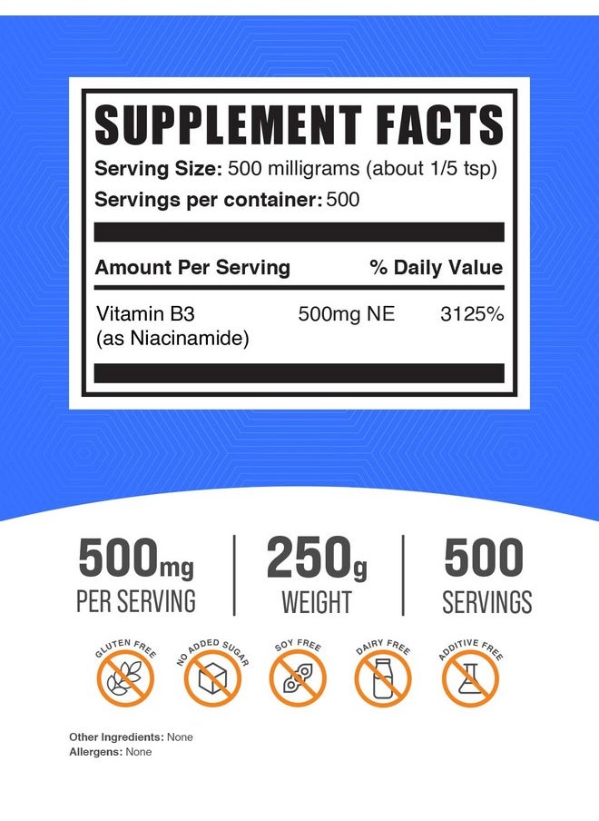 بالك سابلمنتس مسحوق النياسيناميد من BULKSUPPLEMENTS.COM - مكمل النياسيناميد، مكمل فيتامين ب3، النياسيناميد 500 مجم - فيتامينات ب3 لصحة الجلد، نقية وخالية من الجلوتين - 500 مجم لكل وجبة، 250 جرام (8.8 أونصة)  - Image 2