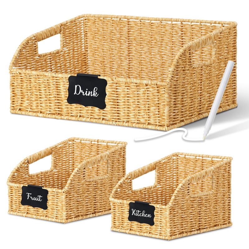 Stylave Pantry Organizers and Storage Basket for Organizing with Handles, Large Woven Storage Baskets for Shelves, Kitchen, Laundry, Waterproof Storage Bins for Fruit, Bread, Vegetable, 3Pack, Natural - Image 1
