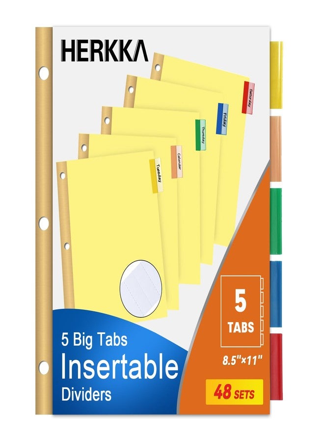 HERKKA 5-Tab Binder Divider, HERKKA 240 Pack Binder Index Dividers with 5 Insertable Multicolor Big Tabs, Paper with Gold-Reinforced Holes Letter Size, Yellow, 1/5-Cut Tabs - Image 1