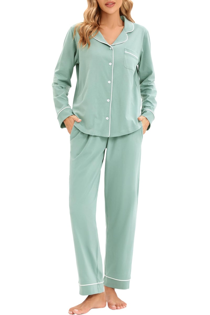 LUBOT 100% Cotton Pajamas for Women PJ Set Soft Button-Down Long Sleeve Shirt 2 PC Set Warm Sleepwear Loungewear Night Suit (Aqua Green, M) - Image 1