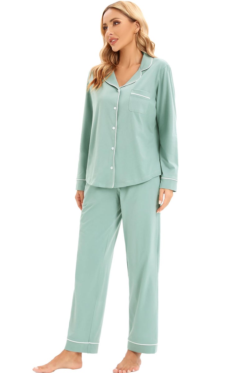 LUBOT 100% Cotton Pajamas for Women PJ Set Soft Button-Down Long Sleeve Shirt 2 PC Set Warm Sleepwear Loungewear Night Suit (Aqua Green, M) - Image 5