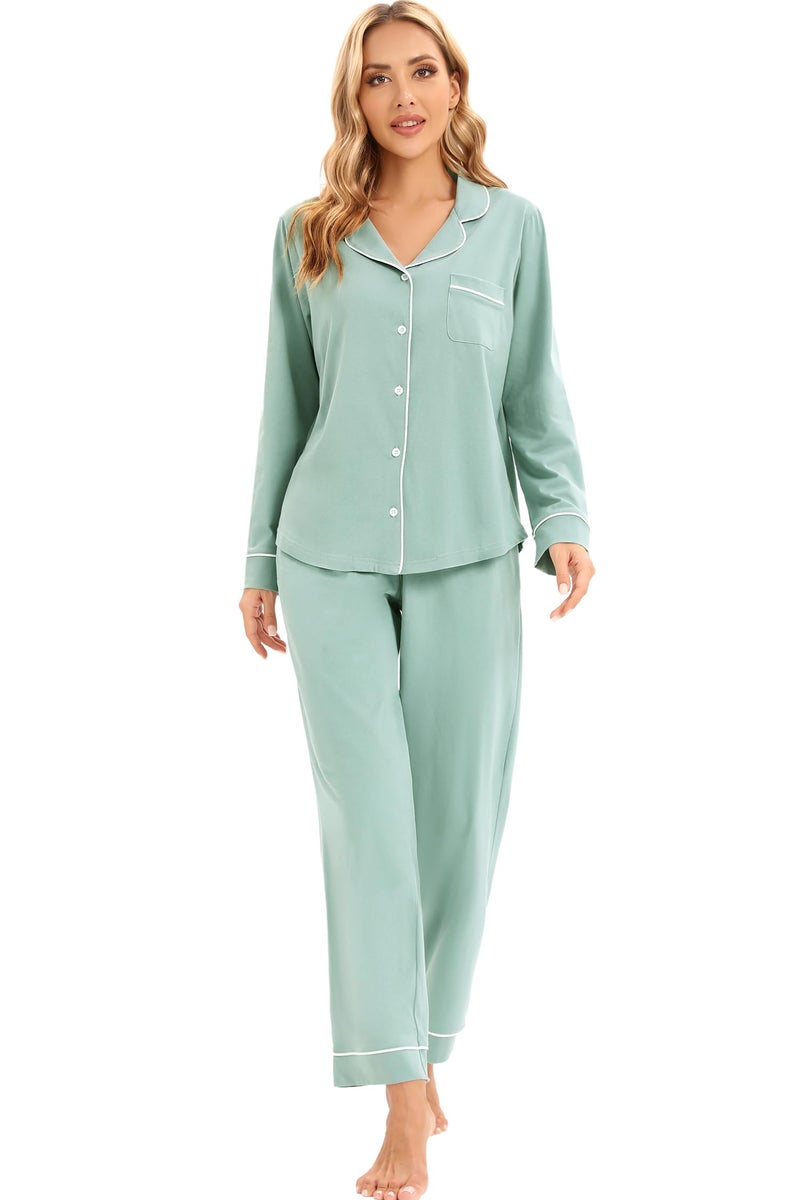 LUBOT 100% Cotton Pajamas for Women PJ Set Soft Button-Down Long Sleeve Shirt 2 PC Set Warm Sleepwear Loungewear Night Suit (Aqua Green, M) - Image 2