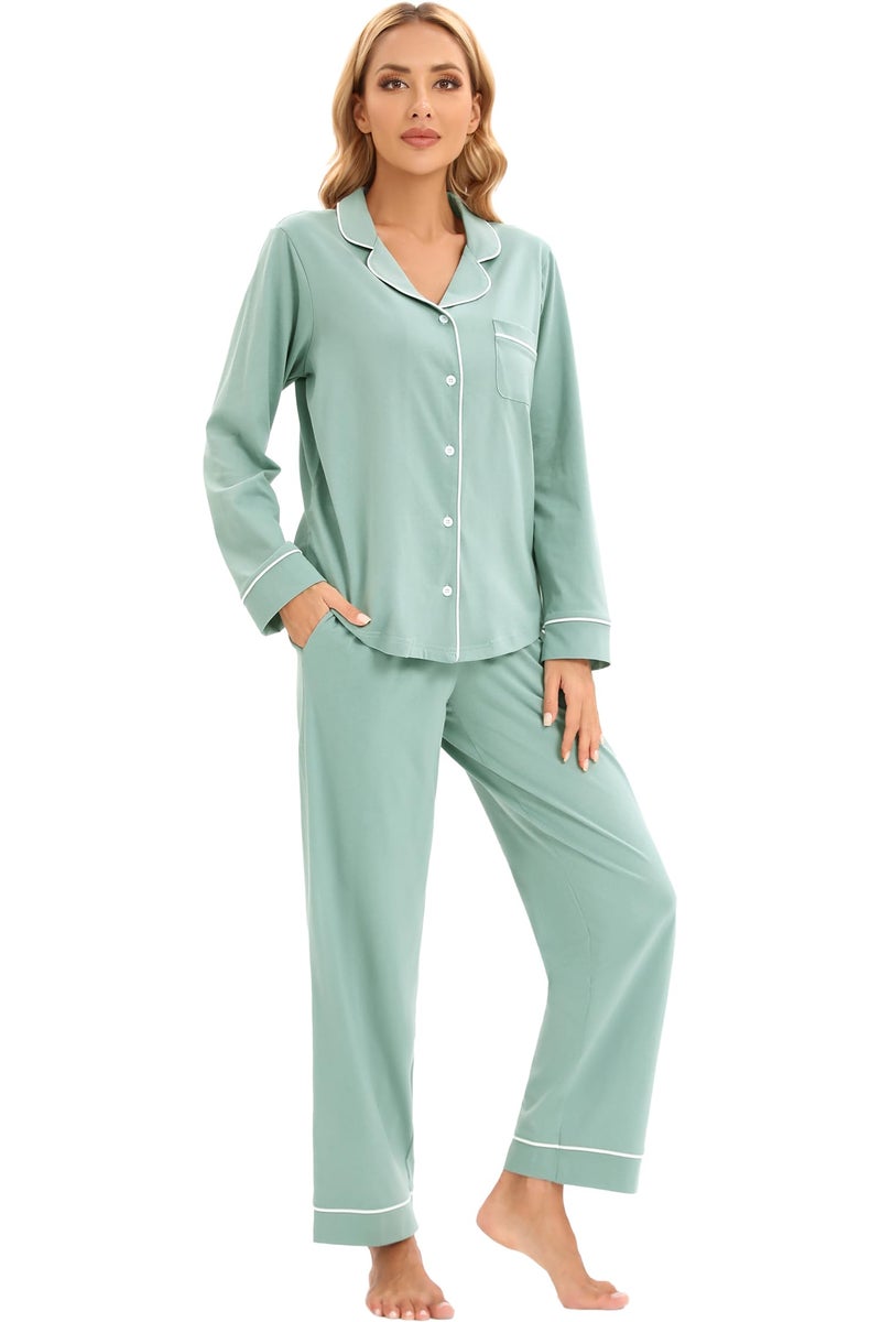 LUBOT 100% Cotton Pajamas for Women PJ Set Soft Button-Down Long Sleeve Shirt 2 PC Set Warm Sleepwear Loungewear Night Suit (Aqua Green, M) - Image 3