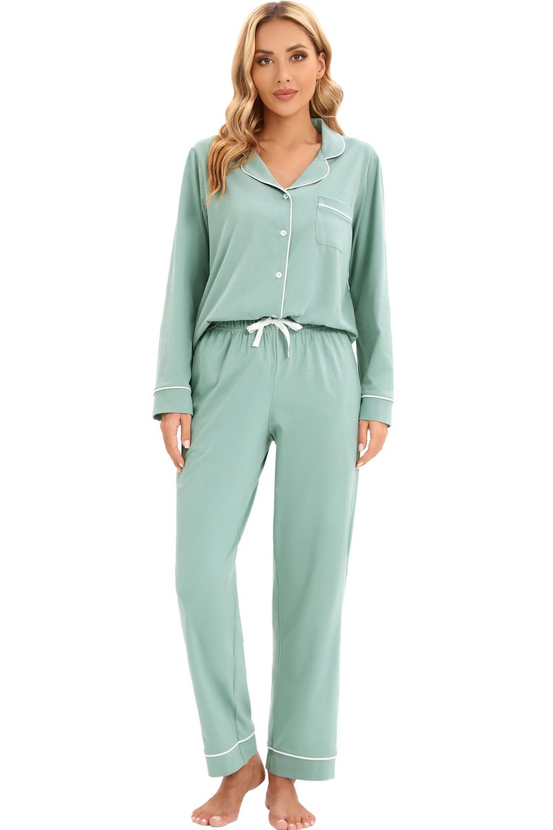 LUBOT 100% Cotton Pajamas for Women PJ Set Soft Button-Down Long Sleeve Shirt 2 PC Set Warm Sleepwear Loungewear Night Suit (Aqua Green, M) - Image 4