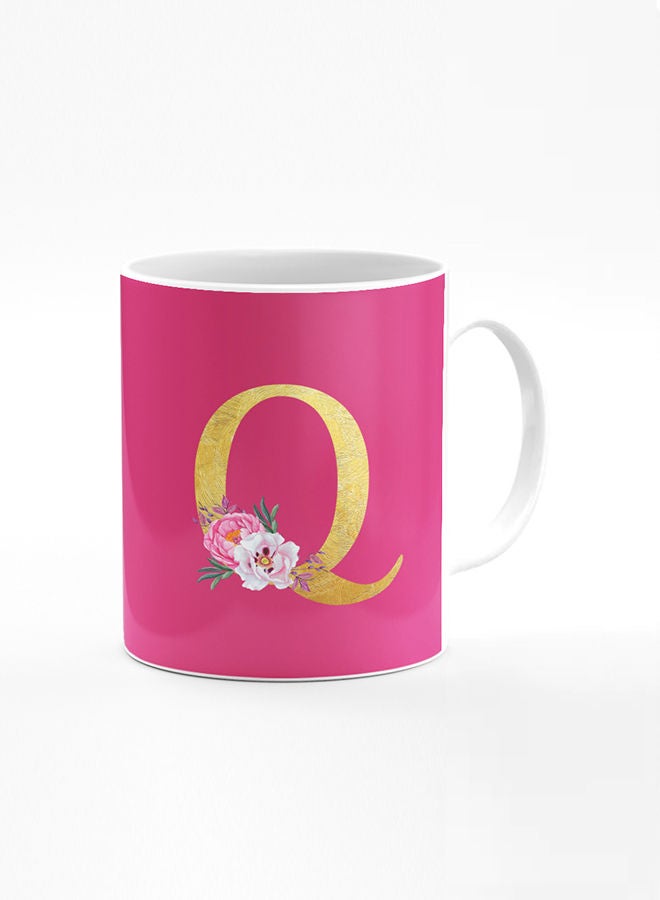 Stylizedd Designer Printed Coffee Mug 11oz Ceramic Personalised Gift Mugs Cup -Custom Monogram Initial Letter Floral Pattern Alphabet - Q (Dark Pink Rose) - Image 1