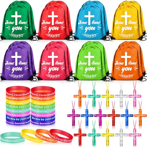 yasuwekik 48 Pcs Bible Verse Party Favors Includes 16 Jesus Loves You Drawstring Backpack 16 Bible Verse Bracelets 16 Cross Necklaces for Christmas Shoebox Gift Easter Vacation Bible School - Image 1