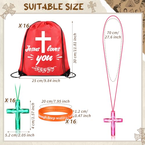yasuwekik 48 Pcs Bible Verse Party Favors Includes 16 Jesus Loves You Drawstring Backpack 16 Bible Verse Bracelets 16 Cross Necklaces for Christmas Shoebox Gift Easter Vacation Bible School - Image 5