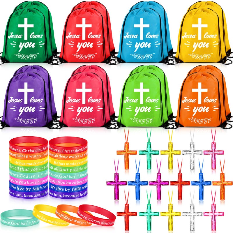 yasuwekik 48 Pcs Bible Verse Party Favors Includes 16 Jesus Loves You Drawstring Backpack 16 Bible Verse Bracelets 16 Cross Necklaces for Christmas Shoebox Gift Easter Vacation Bible School - Image 3