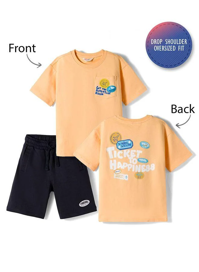 Primo Gino Primo Gino 100% Cotton French Terry Knit Oversized T-Shirt and Shorts Set with Travelling Print - Black and Orange