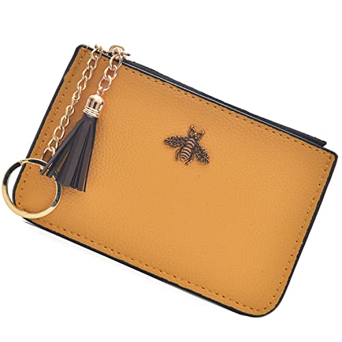 AnnabelZ Coin Purse Change Wallet Pouch Leather Card Holder with Key Chain Tassel Zip(Yellow) - Image 1