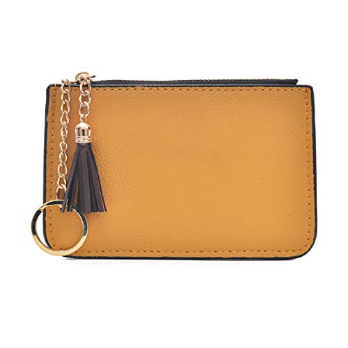 AnnabelZ Coin Purse Change Wallet Pouch Leather Card Holder with Key Chain Tassel Zip(Yellow) - Image 5