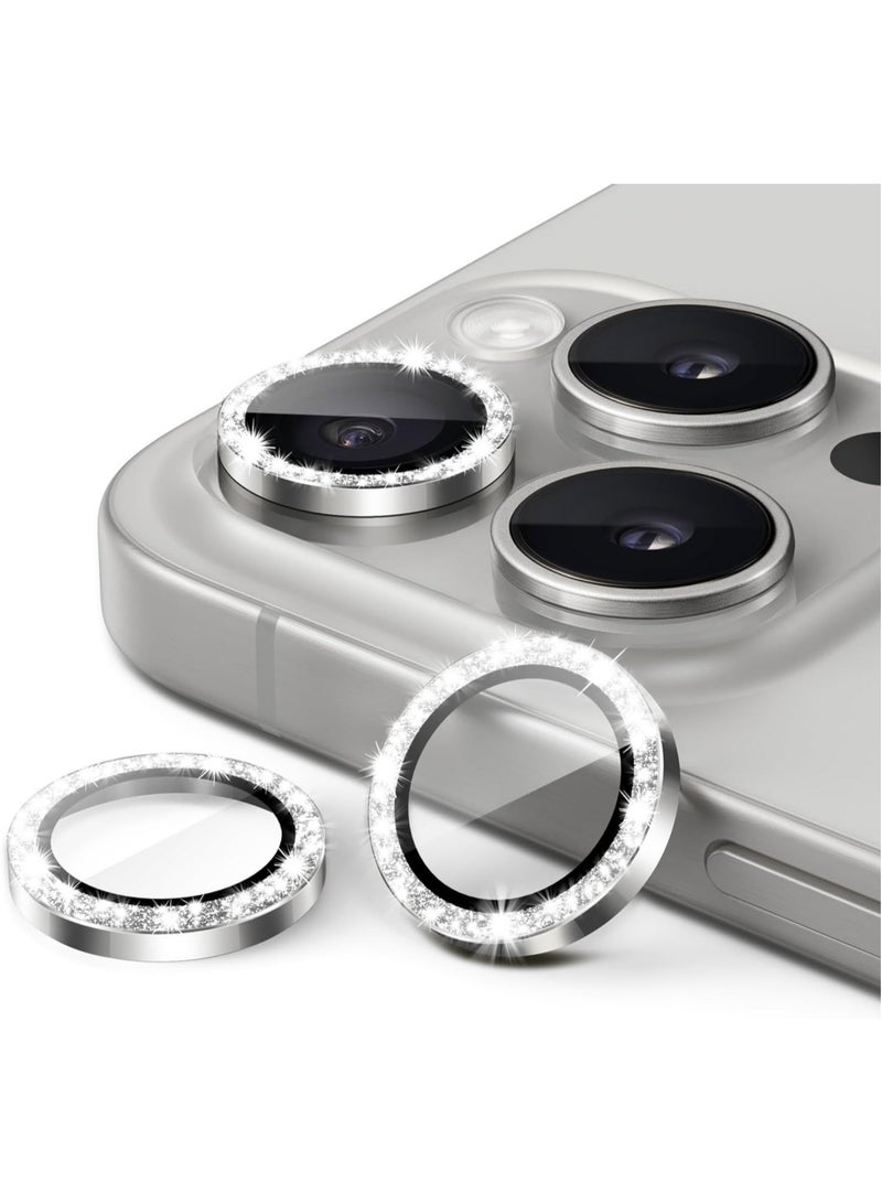 Camera Lens Protector for iPhone 15 Pro 6.1-Inch and iPhone 15 Pro Max 6.7-Inch, Bling Glitter Individual 9H Tempered Glass Metal Ring Cover, HD Clear, 3-Pack (White Titanium) - Image 1