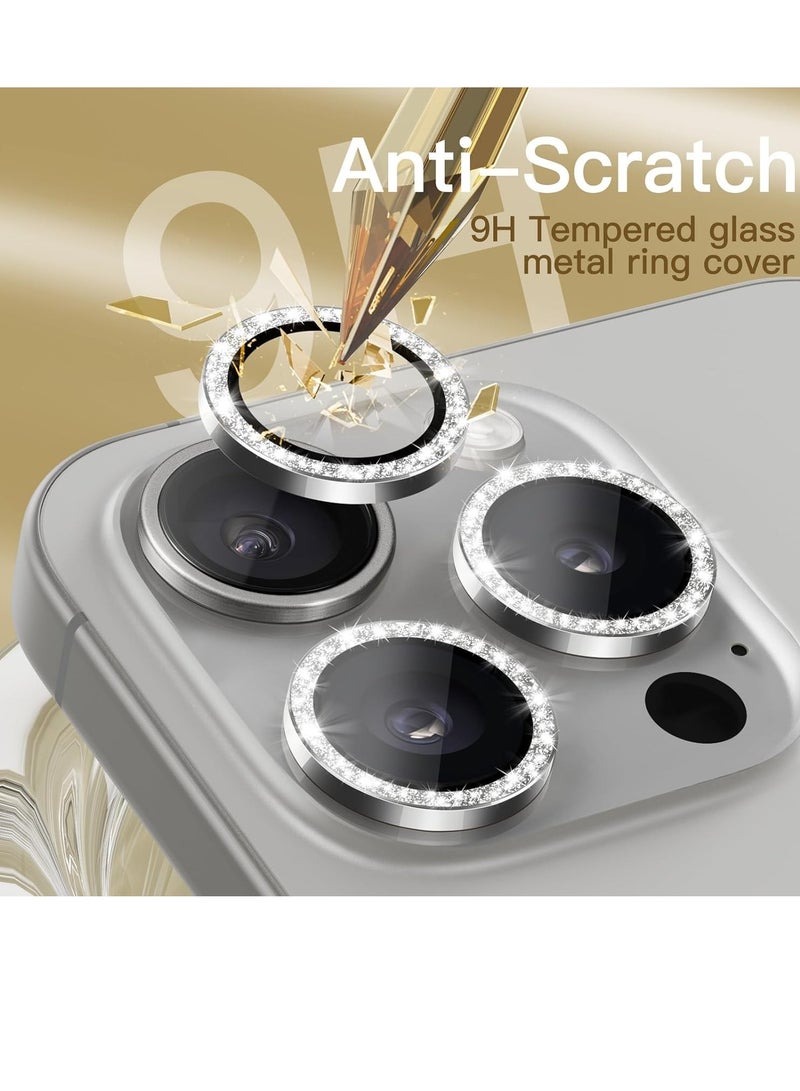 Camera Lens Protector for iPhone 15 Pro 6.1-Inch and iPhone 15 Pro Max 6.7-Inch, Bling Glitter Individual 9H Tempered Glass Metal Ring Cover, HD Clear, 3-Pack (White Titanium) - Image 4