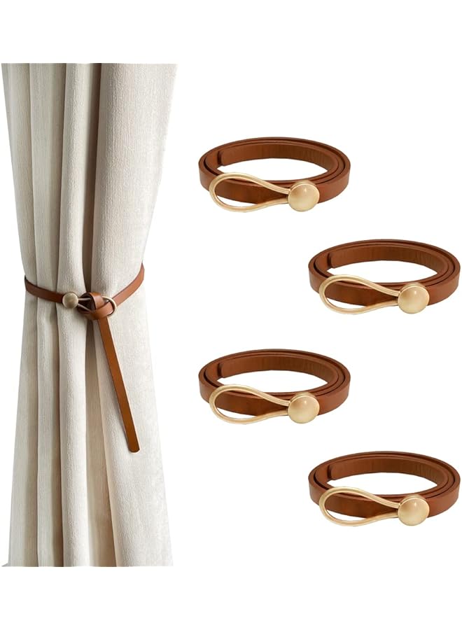 erorex Leather Curtain Tie Backs, 4 Piece Minimalist Leather Drapery Tiebacks, Window Treatment Holdbacks, Housewarming Gift, Modern Home Decor Accessories (Brown)  - Image 1