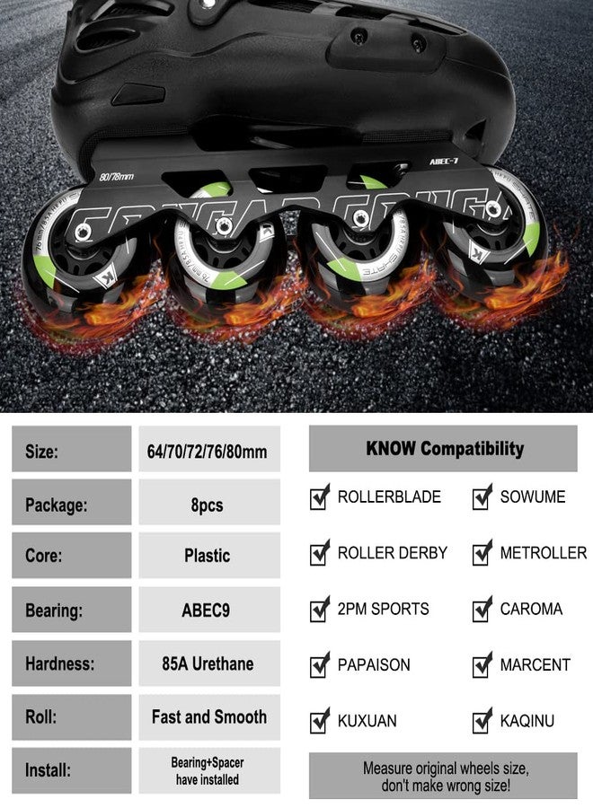 Kutrick 8 Pack Inline Skate Wheels 64mm-80mm with ABEC9 Bearings for Rollerblade, Roller Derby, K2 Skate - 85A Indoor Outdoor - Black Polyurethane Wheels - Image 5