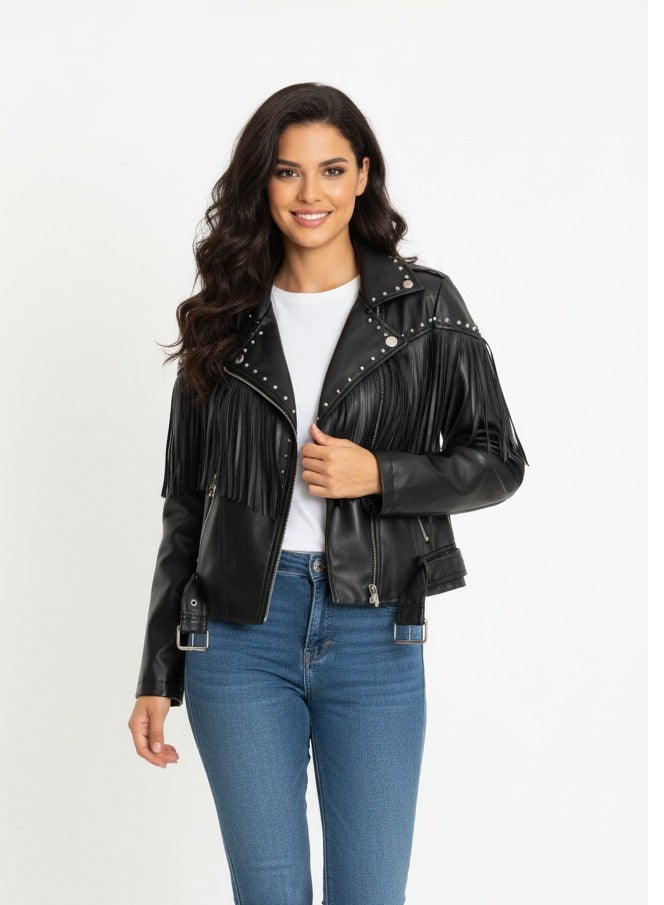 Women turkish leather fringed belted jacket - Image 1