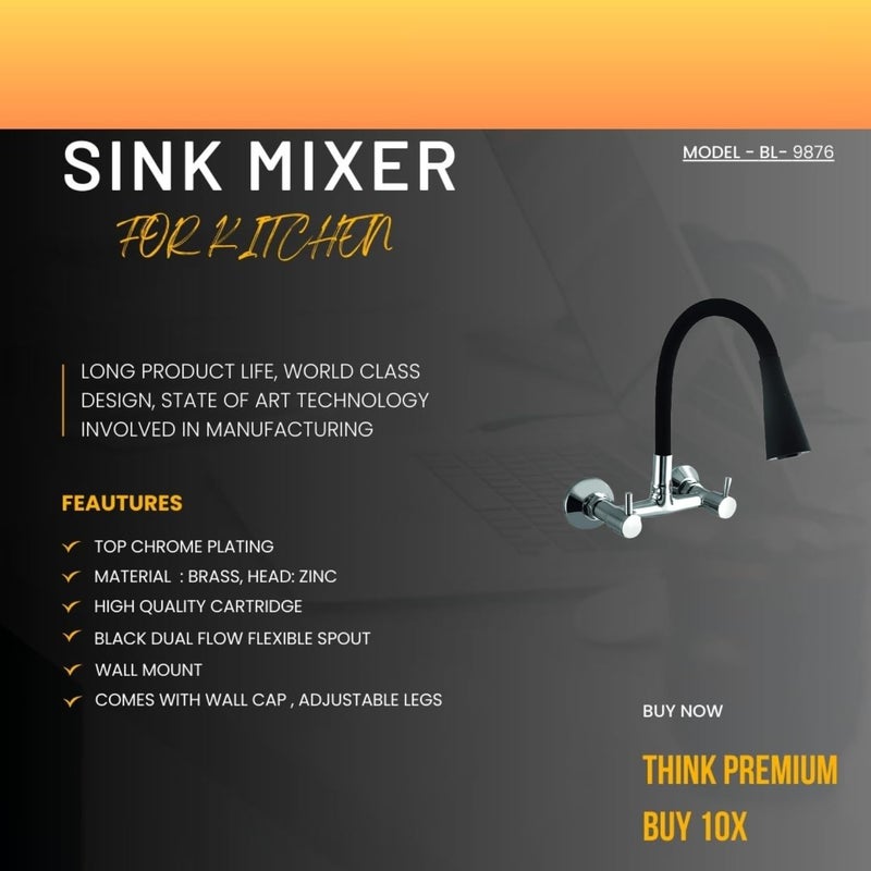 10X Brass Sink Mixer Tap for Kitchen BTl-9876 Flexible Neck Dual Flow Black Hot/Cold Facility, Chrome (Double Flow) - Image 2