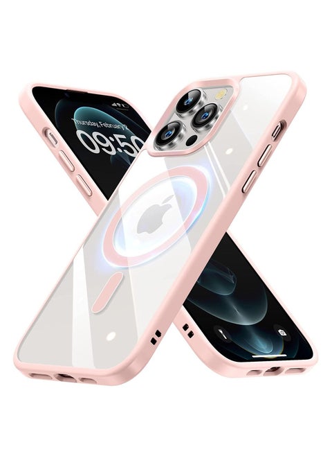 Clear Hard PC Back Cover Soft TPU Frame Shockproof Protective Slim Bumper Case Built in Magnets Compatible with MagSafe for iPhone 14 Pro(Light Pink)