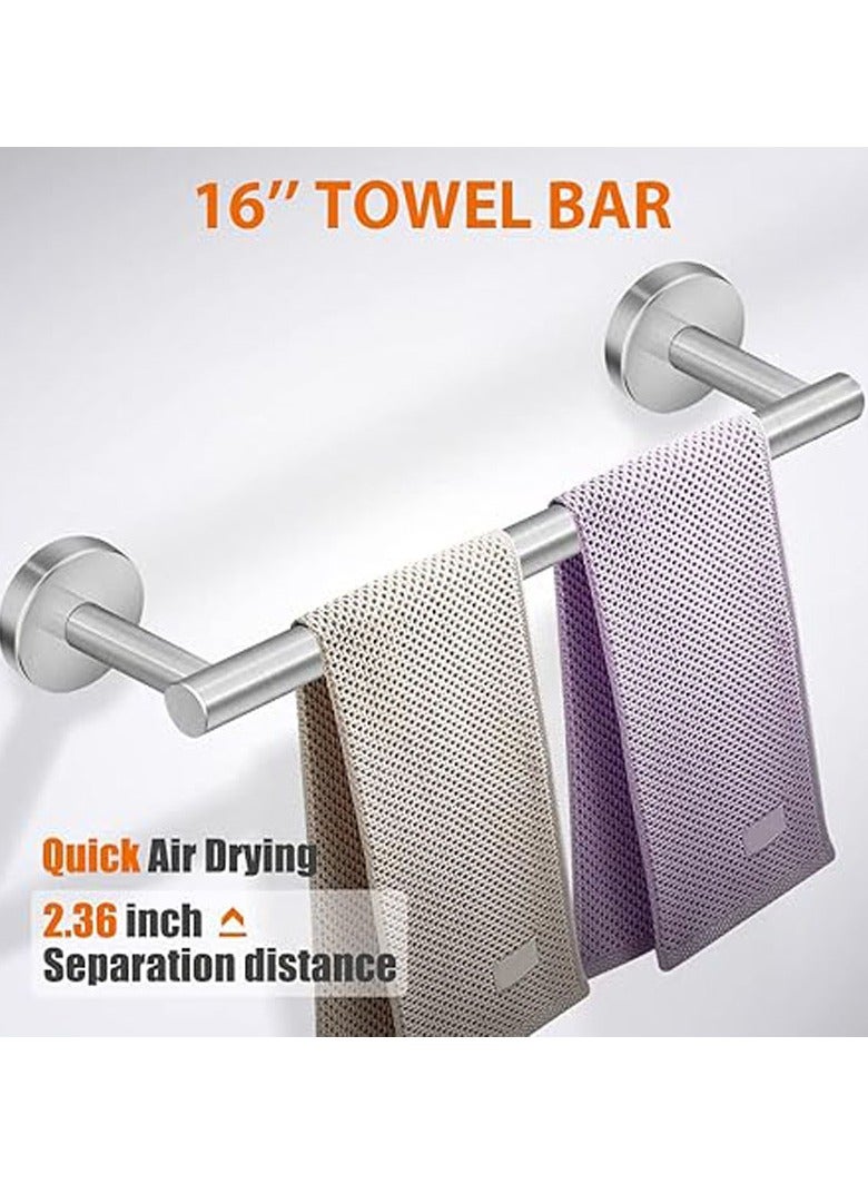 عام مجموعة تركيب أدوات الحمام المكونة من 5 قطع مصنوعة من الفولاذ المقاوم للصدأ SUS304 بطلاء نيكيل مصقول، تشمل: قضيب مناشف يد بطول 16 بوصة، حامل ورق تواليت، و3 خطافات لمناشف الروب، مجموعة ملحقات الحمام. - Image 2