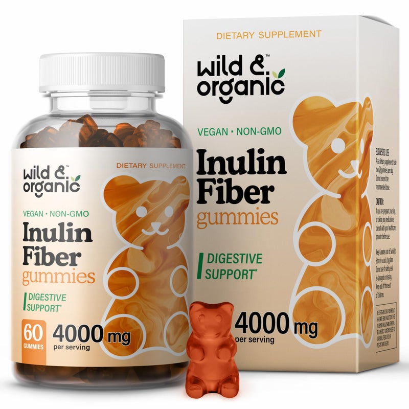 Wild & Organic Wild Organic Inulin Fiber Gummies 4000mg Digestive Support wChicory Root Soluble Fiber Supplement wInulin Powder Prebiotics for Gut Support 60 Prebiotic Gummies 