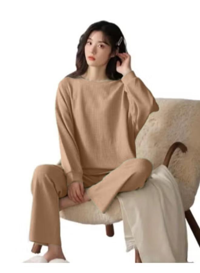 Solid Waffle Loose Fit Pajama Set Simple Drop Shoulder Long Sleeve Round Neck Top and Elastic Pants T-93 