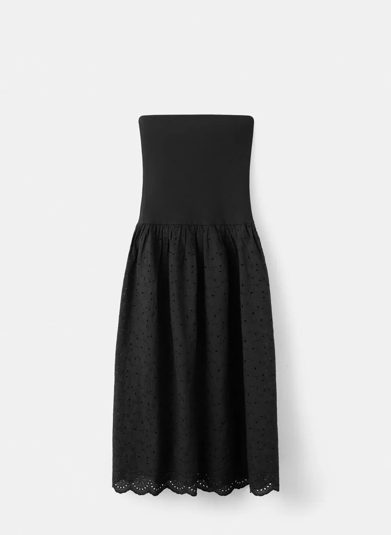 Mango black Strapless Dress With Broderie Anglaise Embroidery for Women | Best Price UAE
