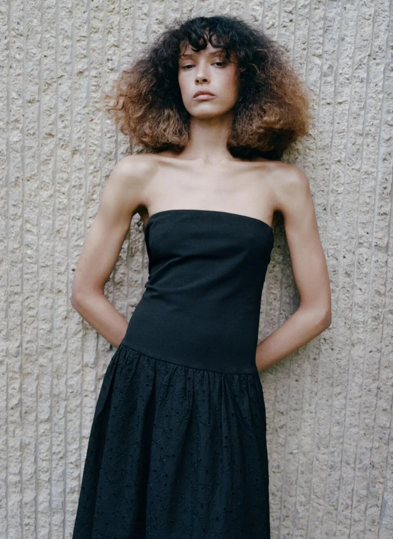 Mango black Strapless Dress With Broderie Anglaise Embroidery for Women | Best Price UAE