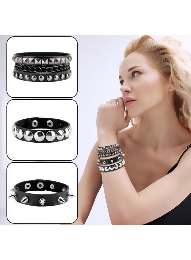 3 Pcs Punk Rock Studded Spiked Leather Cuff Bracelets, Adjustable Wrap Wristband Retro 80s Style Wrist Cuffs Unisex Accessories for Men Women Halloween Party Favors - Image 3