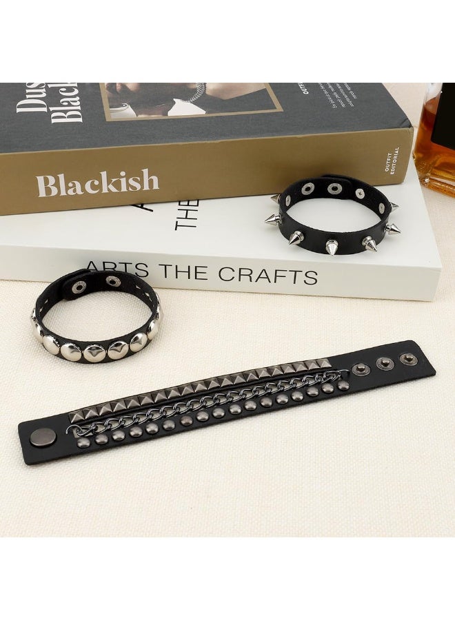 3 Pcs Punk Rock Studded Spiked Leather Cuff Bracelets, Adjustable Wrap Wristband Retro 80s Style Wrist Cuffs Unisex Accessories for Men Women Halloween Party Favors - Image 4