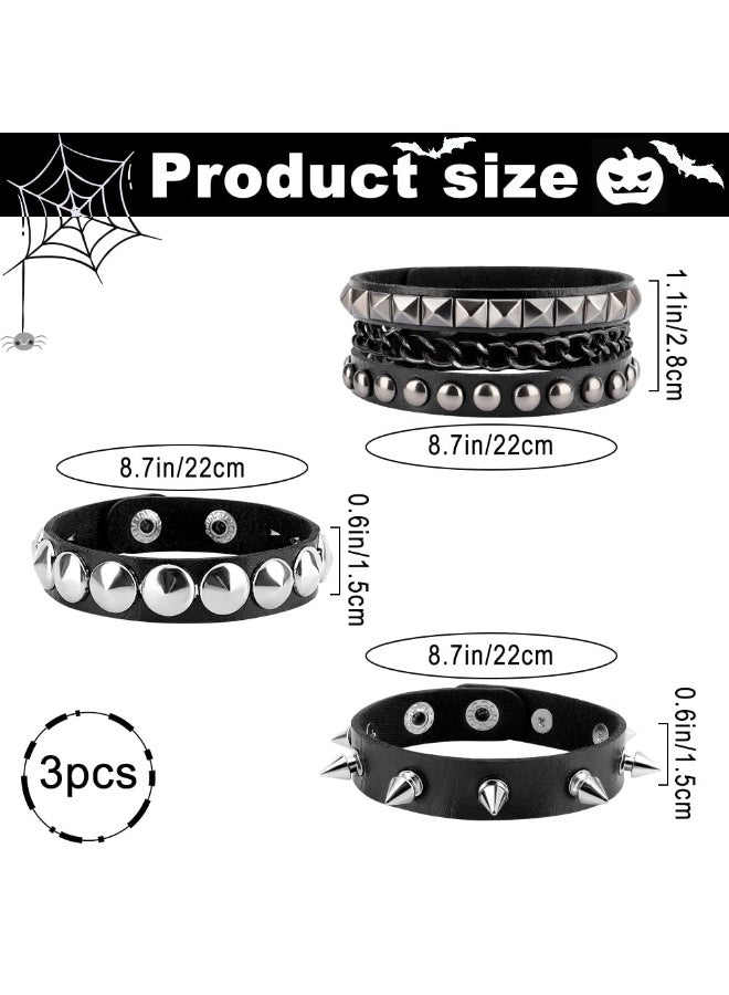 3 Pcs Punk Rock Studded Spiked Leather Cuff Bracelets, Adjustable Wrap Wristband Retro 80s Style Wrist Cuffs Unisex Accessories for Men Women Halloween Party Favors - Image 2
