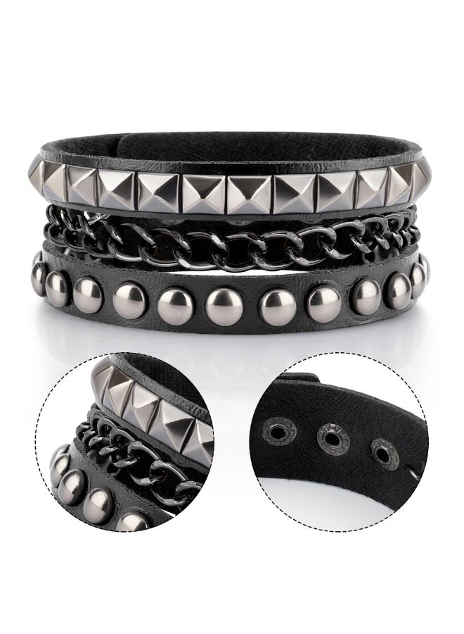 3 Pcs Punk Rock Studded Spiked Leather Cuff Bracelets, Adjustable Wrap Wristband Retro 80s Style Wrist Cuffs Unisex Accessories for Men Women Halloween Party Favors - Image 5