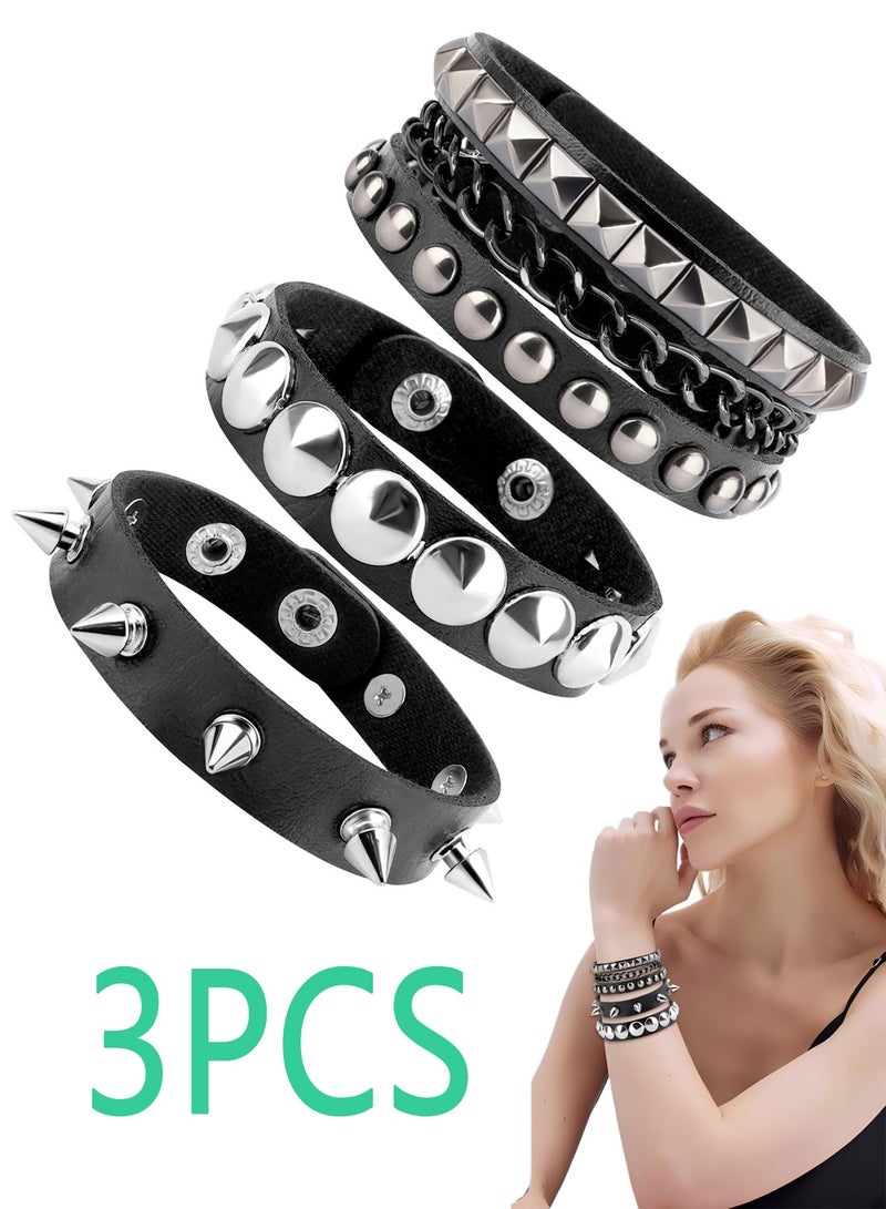 3 Pcs Punk Rock Studded Spiked Leather Cuff Bracelets, Adjustable Wrap Wristband Retro 80s Style Wrist Cuffs Unisex Accessories for Men Women Halloween Party Favors - Image 1