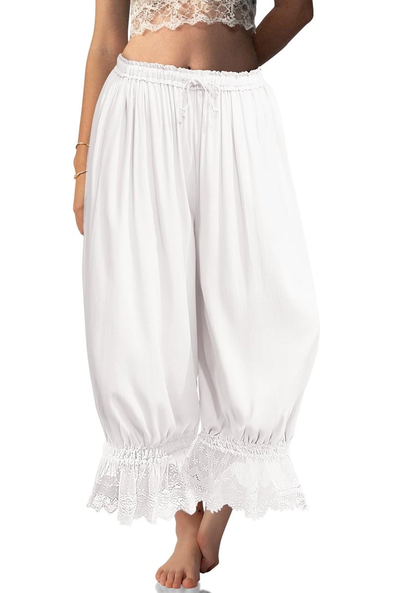 TARSE Women Linen Lace Trim Long Bloomers Pants Y2K Ruffle Victorian Vintage Pantaloons Summer Beach Travel Vacation Pants(White, XXL) - Image 1