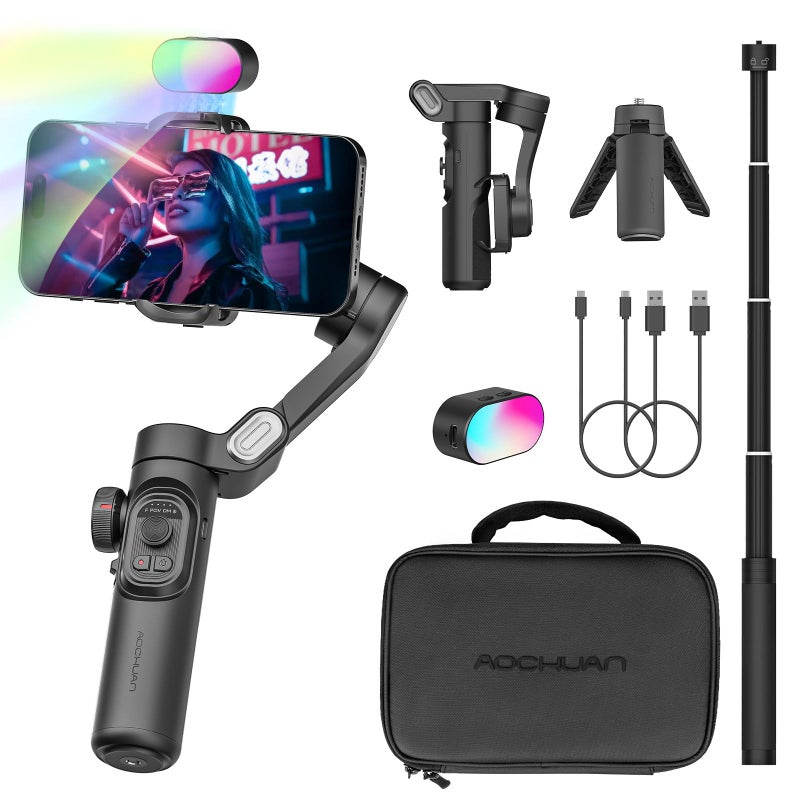AOCHUAN Phone Gimbal Stabilizer for iPhone 15 Pro Max Android Phones with Extension Rod 3-Axis Phone Gimbal Stabilizer with Follow Focus for Vlogging TikTok YouTube(Smart XE Combo1) - Image 1
