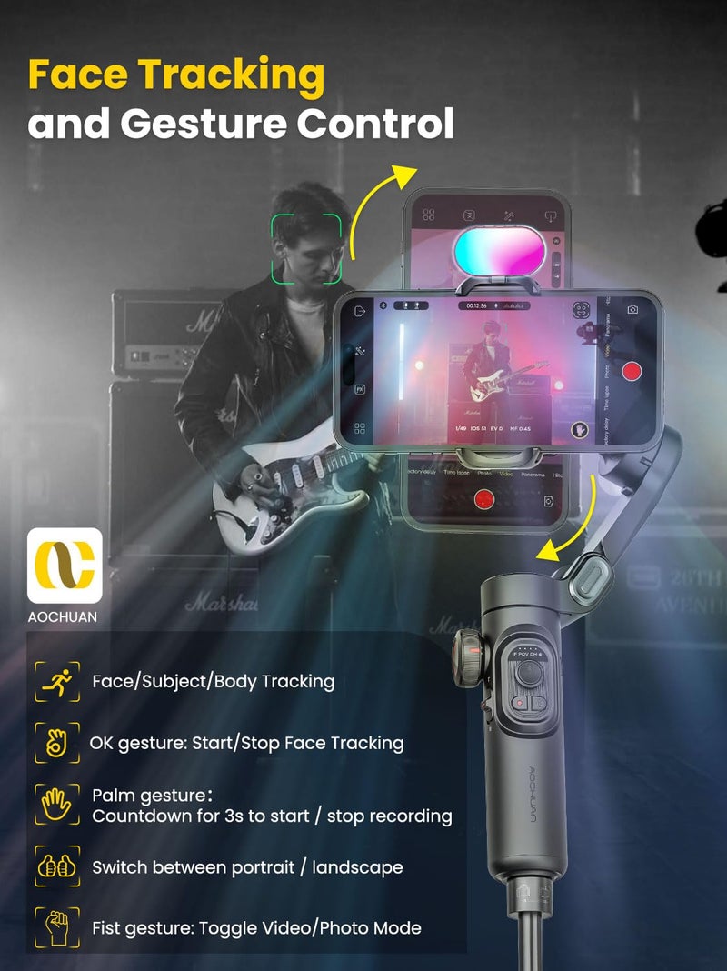 AOCHUAN Phone Gimbal Stabilizer for iPhone 15 Pro Max Android Phones with Extension Rod 3-Axis Phone Gimbal Stabilizer with Follow Focus for Vlogging TikTok YouTube(Smart XE Combo1) - Image 2