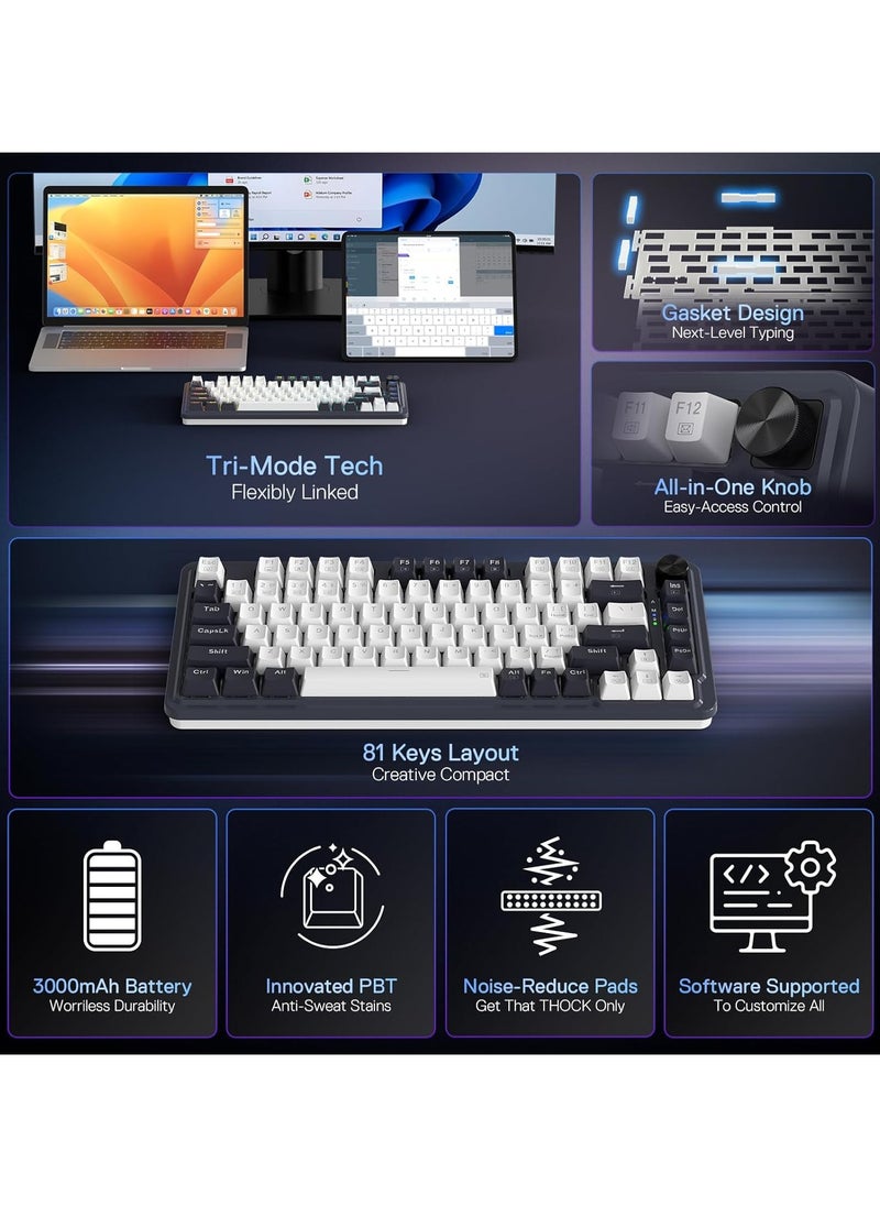 Redragon K673 PRO 75% Wireless Gasket RGB Gaming Keyboard, 3-Modes 81 Keys Compact Mechanical Keyboard w/Hot-Swap Socket, Dedicated Knob Control & Sound Absorbing Pads