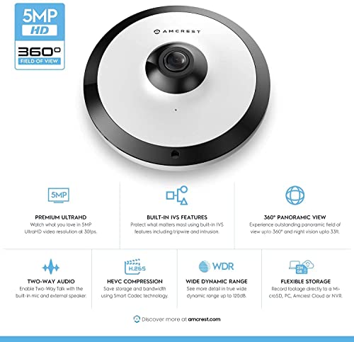 Amcrest Fisheye IP POE Camera, 360° Panoramic 5-Megapixel POE IP Camera, Fish Eye Security Indoor Camera, IVS Features and People Counting, MicroSD Recording, IP5M-F1180EW-V2 (White) - Image 2