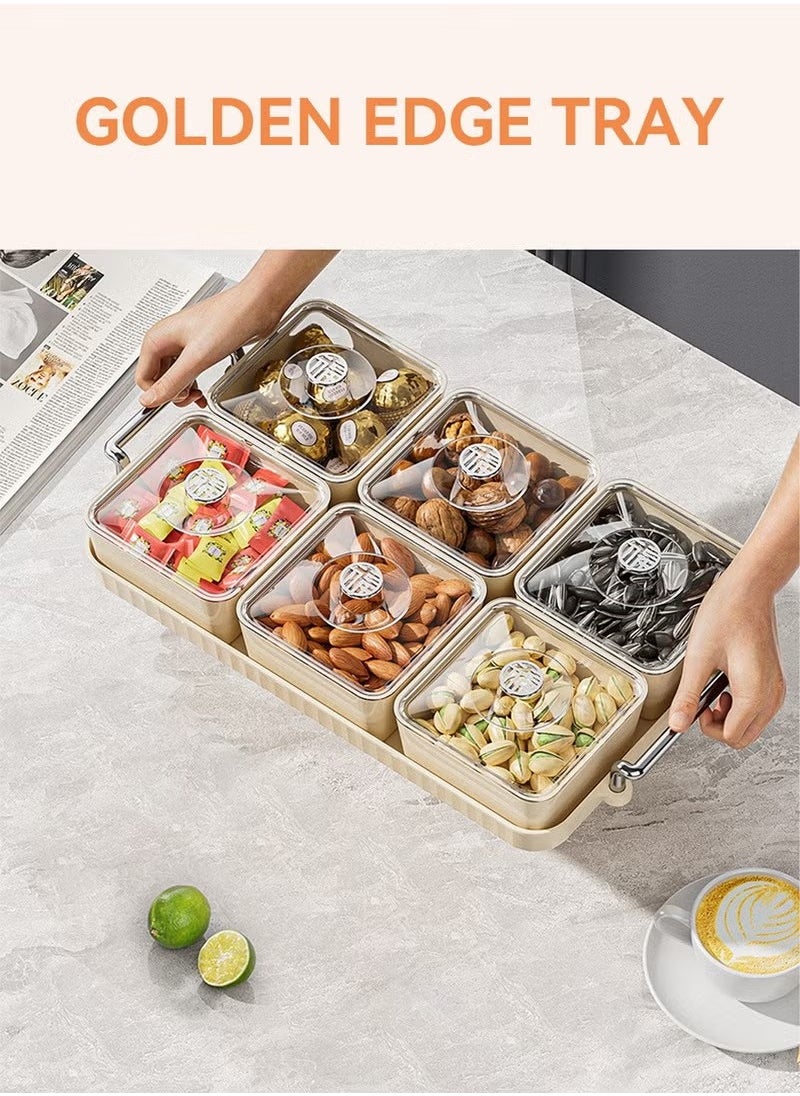 Snack Serving Tray with Lid, 6 Plastic Candy and Nut Serving Container set with Carrying Handle