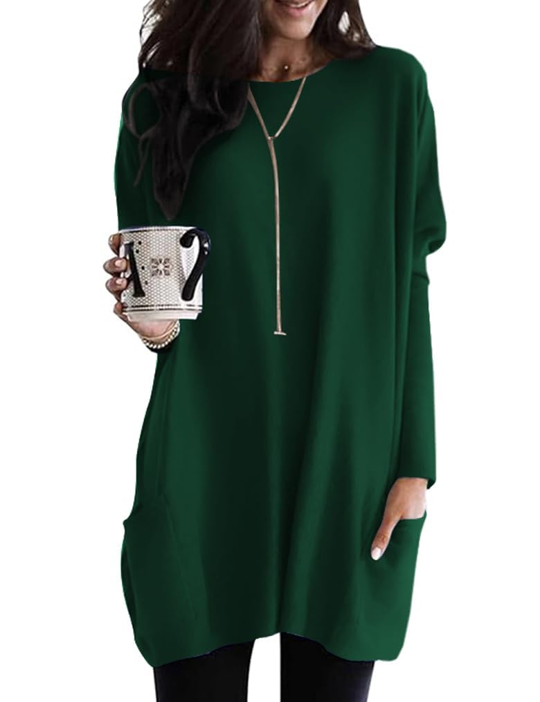 Poetsky Womens Sweatshirt Dresses Fall Outfits for Women 2026 Winter Clothes Long Sleeve Shirts Tunics Tops Fashion Oversized Tunic with Pockets Tops for Leggings Forest Green L - Image 1