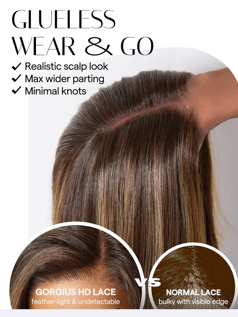 GORGIUS Brown Highlight Bob Lace Front Wig Glueless Straight Short Wigs Upgrade with Human-Hair-Like Sythetic Hair Pre Cut Pre Plucked Side Part Hairline 12 Inch - Image 3