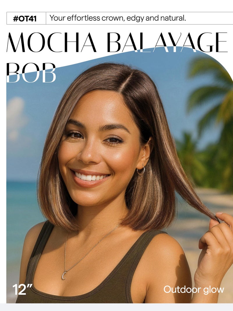 GORGIUS Brown Highlight Bob Lace Front Wig Glueless Straight Short Wigs Upgrade with Human-Hair-Like Sythetic Hair Pre Cut Pre Plucked Side Part Hairline 12 Inch - Image 2