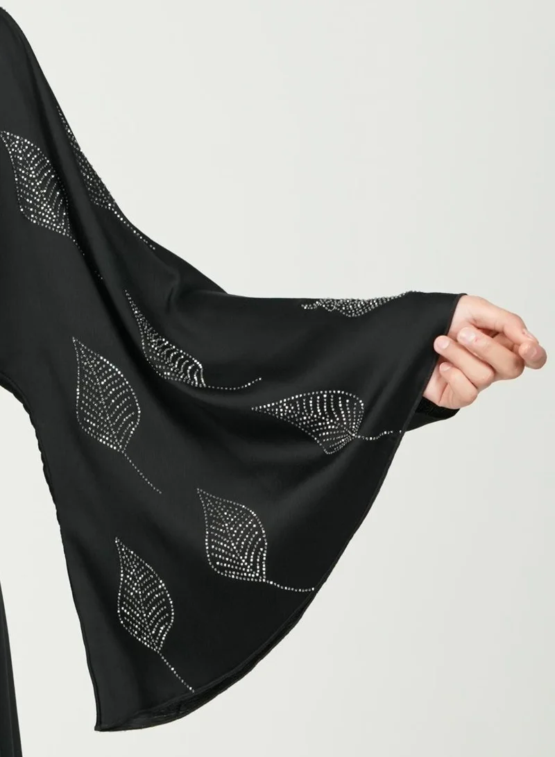 Al Bent Al Sharqieh black with silver rhinestone black abaya double cloche with hijab for Women | Best Price UAE