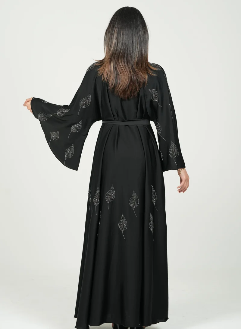 Al Bent Al Sharqieh black with silver rhinestone black abaya double cloche with hijab for Women | Best Price UAE