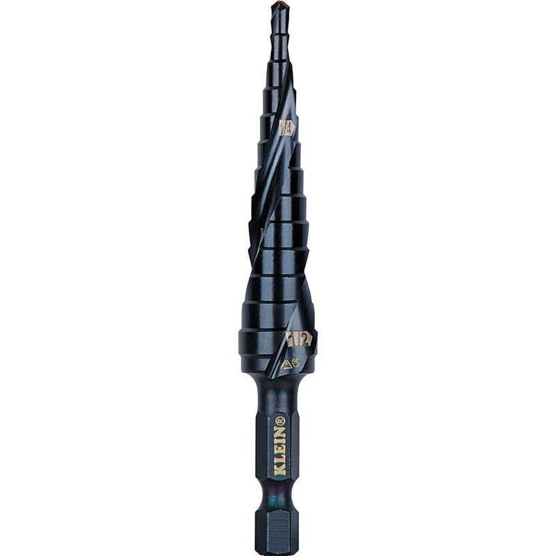 Klein Tools QRST01 Step Drill Bit Quick Release Spiral DoubleFluted 18 to 12Inch Hex Shank Cut Steel Wood Plastic Aluminum